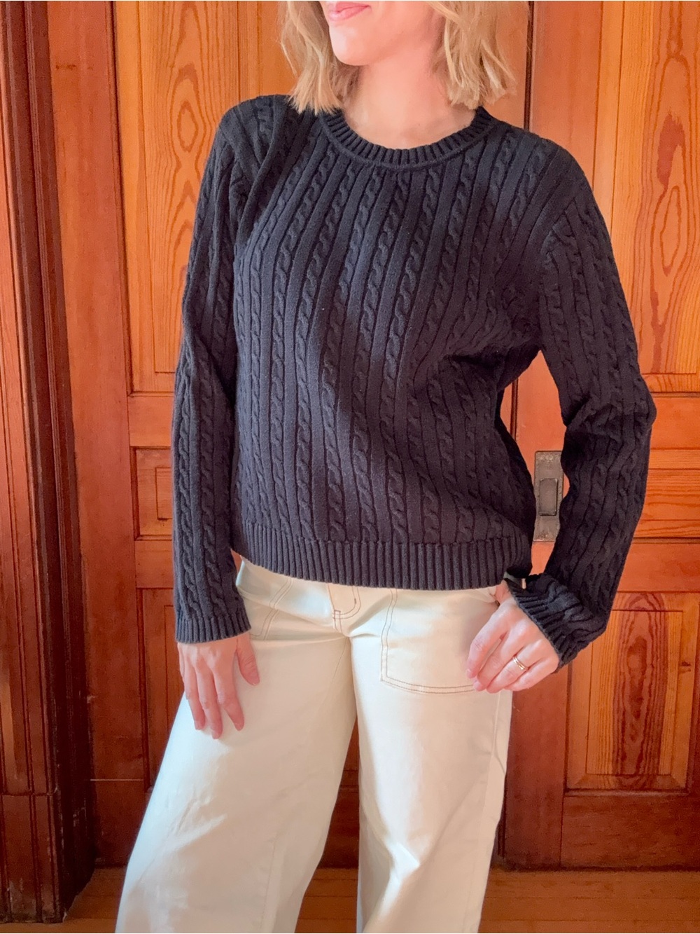 Classic Black Cable Knit Crewneck Sweater - , Women